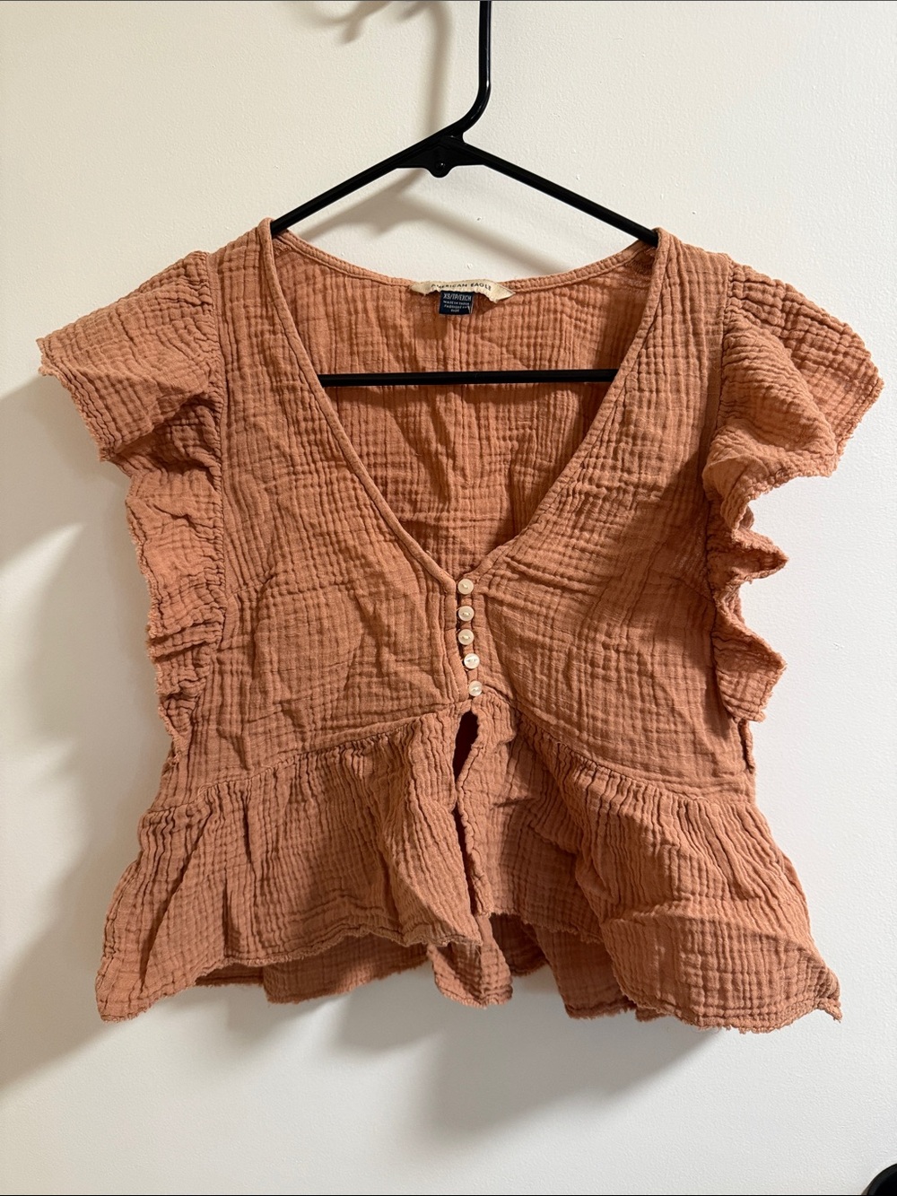 American Eagle Outfitters Rust Gauze Button-Front Peplum Blouse